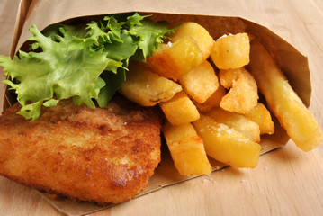 fish and chips with some organic salad