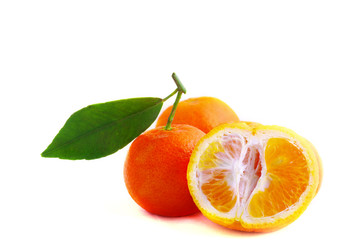 Tangerine with leaves on a white background