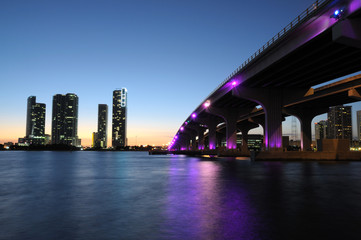 Bridge over the Biscayne Bay at night, Miami Florida
