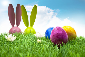 Osterhasen hinter eine Wiese mit Ostereiern