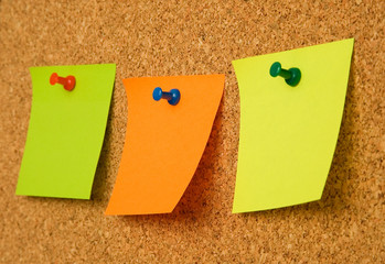 Multicolored paper notes on cork board
