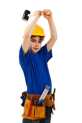 Kid as construction worker isolated on white background