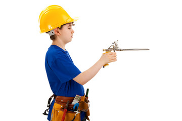 Kid as construction worker isolated on white background