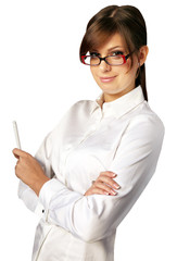 business lady in glasses with a handle . isolated
