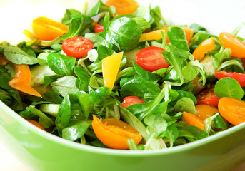Fresh vegetable salad served in a green salad bowl
