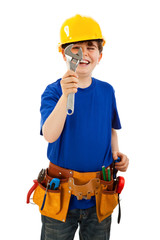 Kid as construction worker isolated on white background