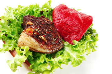 raw beef with roast steak