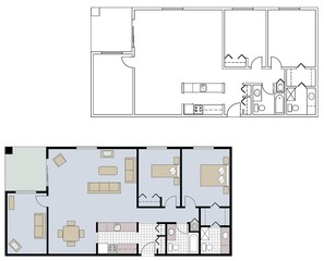 Architectural floor plans with and without furniture