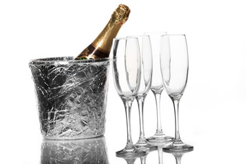 Champagne flutes and ice bucket