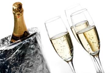 Champagne flutes and ice bucket