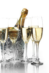 Champagne flutes and ice bucket