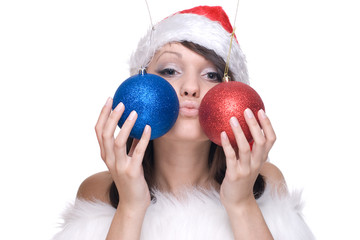 Close up portrait girl in santa dress and decoration balls