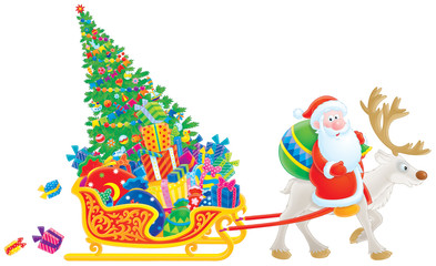 Santa rides on Reindeer dragging the sledge