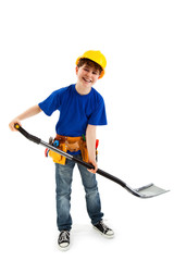 Kid as construction worker isolated on white background