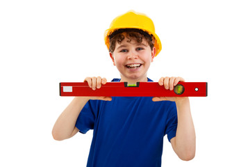 Kid as construction worker isolated on white background