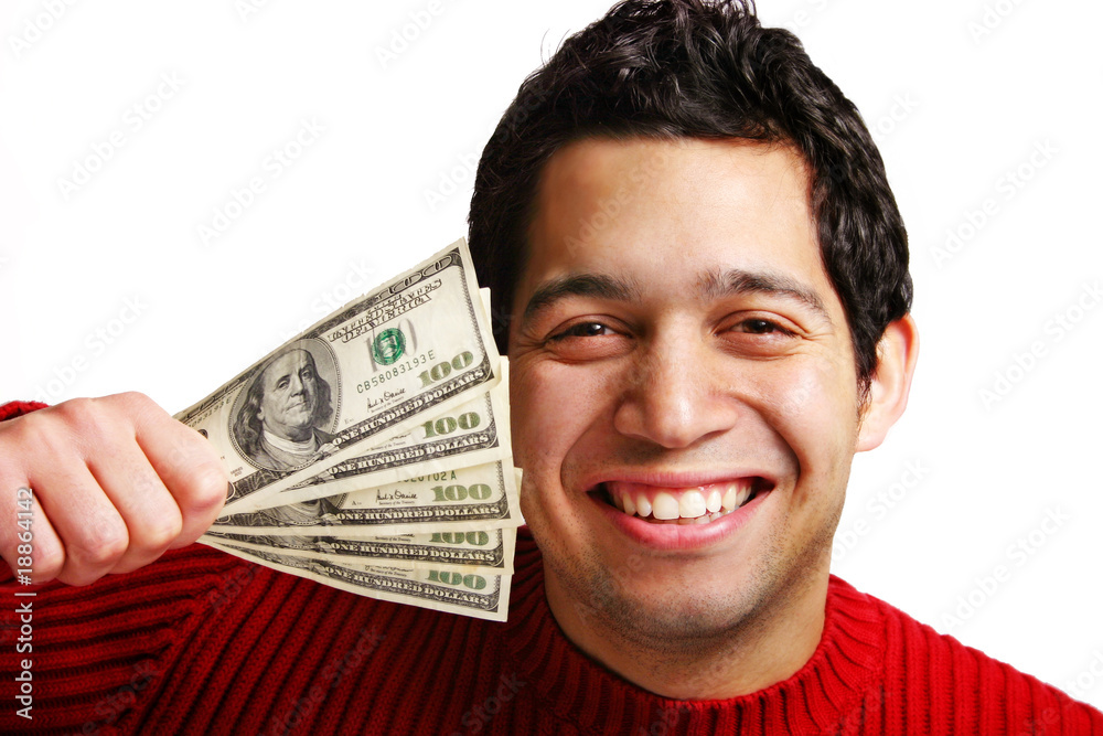 Wall mural Smiling Young Man Holding Five Hundred Dollars