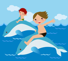 Child rides dolphin -summer