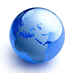 Blue glass globe on white background