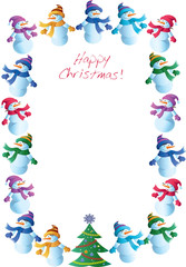frame with snowmen and christmas tree