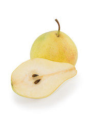 Naklejka na ściany i meble Whole and half fresh yellow pear over white