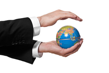 businessman holding mini globe isolated on white