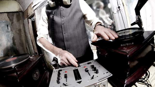 an retired man djs with gramophones.. go grandpa!!