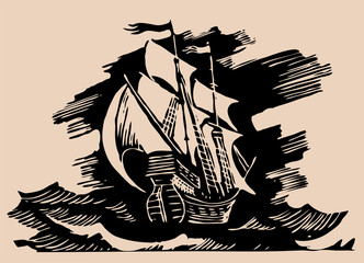 sail ship etching
