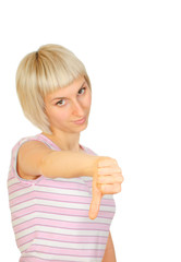 Closeup portrait of a young woman showing thumbs down