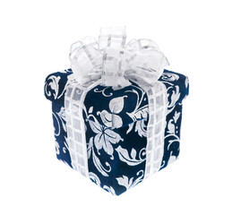 Dark blue gift box with silvery ribbon