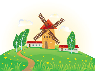 Solar summer landscape with a with mill © Rustic