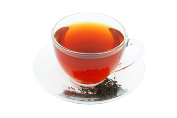 Glass cup of tea isolated on white