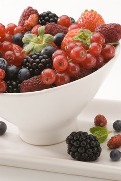 Mixed berries in a white bowl.