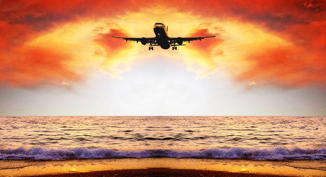 Beautiful sea nature landscape on the sunrise sky with airplane