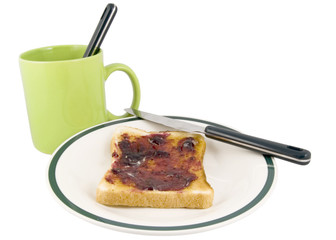 toast and tea / coffee with knife and plate isolated on white