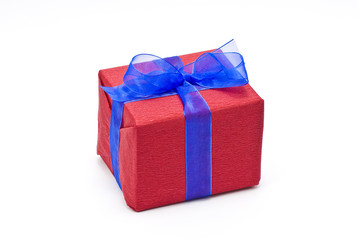 Red gift box with blue bow