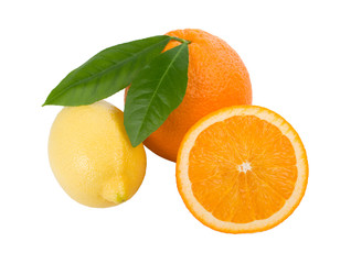 lemon and orange with leaves near
