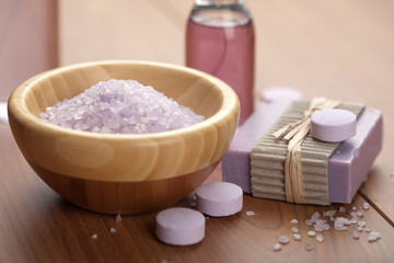 Fototapeta na wymiar herbal salt and soap. spa and body care background