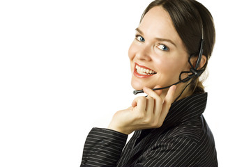 Beautiful customer service agent smiling during phone conversati