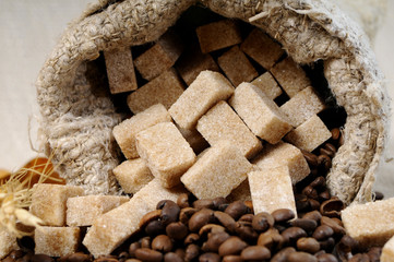 brown sugar and coffee beans isolated