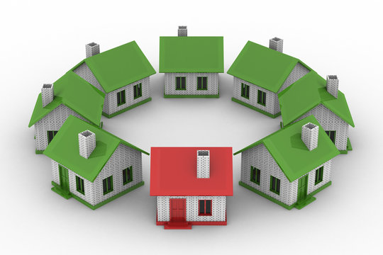 houses standing around on white background. Isolated 3D image