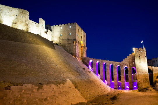 Night view of the Old Citadel of Aleppo, Syria