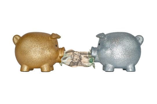 Gold and Silver Piggy Banks Fighting for Money