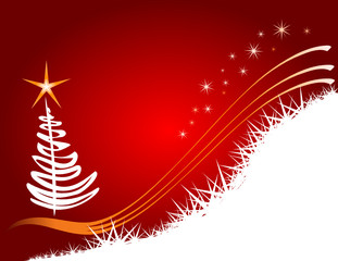 Abstract christmas tree, red background with stars