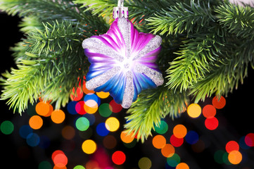 Christmas decoration and blurred lights at background