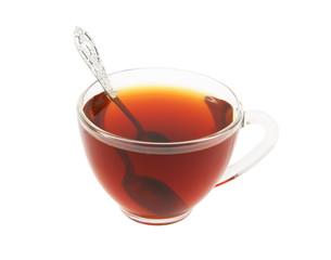 Glass cup of tea with spoon isolated on white