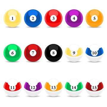 Complete set of pool balls over white background