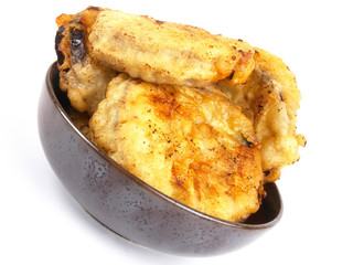 Fried eggplant. close up on white background