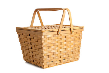 Wicker picnic basket on white