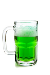 Mug of green beer on white