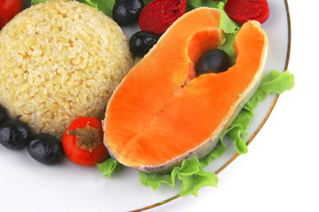 two salmon steak on white dish